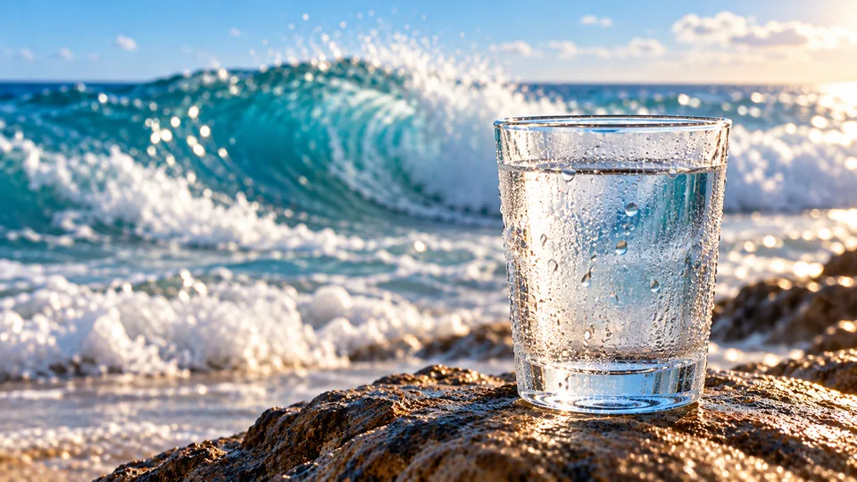 Glass of clean water beside ocean waves