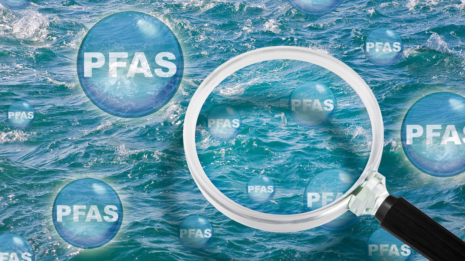 Altitude Water PFAS contamination concept showing magnified PFAS particles over ocean surface, illustrating America’s growing drinking water safety crisis.