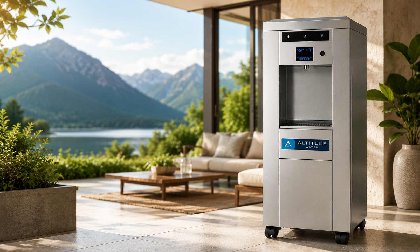 Altitude Water atmospheric water generator on a modern patio overlooking a lake and mountains, showing a clean water from air solution for homes and businesses.